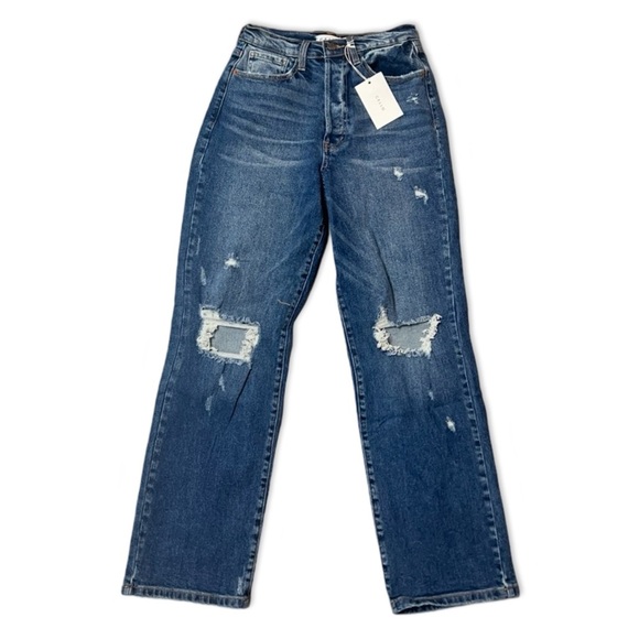 Cello High Rise Boyfriend Jeans in Dark Blue with distressed details Size 3 NWT - Picture 1 of 5